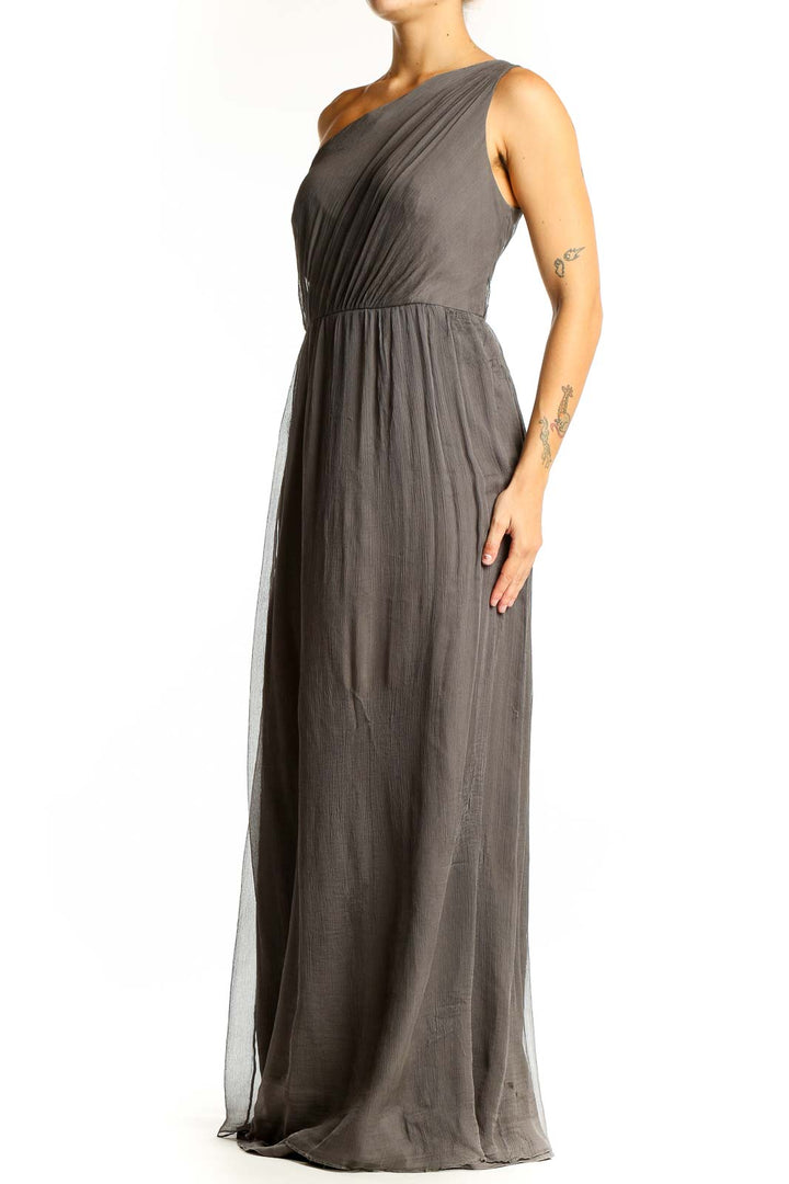 Front view of Amsale gray one-shoulder silk maxi dress