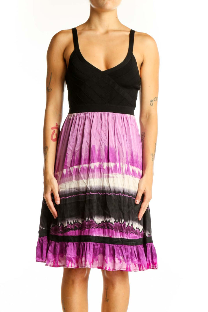 Front view of Bebe purple ombre tie-dye sundress with black bodice
