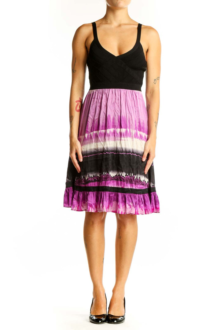 Front view of Bebe purple ombre tie-dye sundress with black bodice