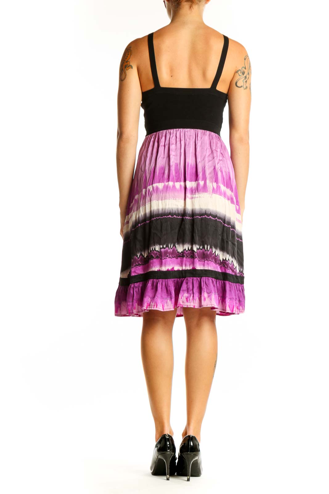 Side view of Bebe purple ombre tie-dye sundress showing flowy skirt