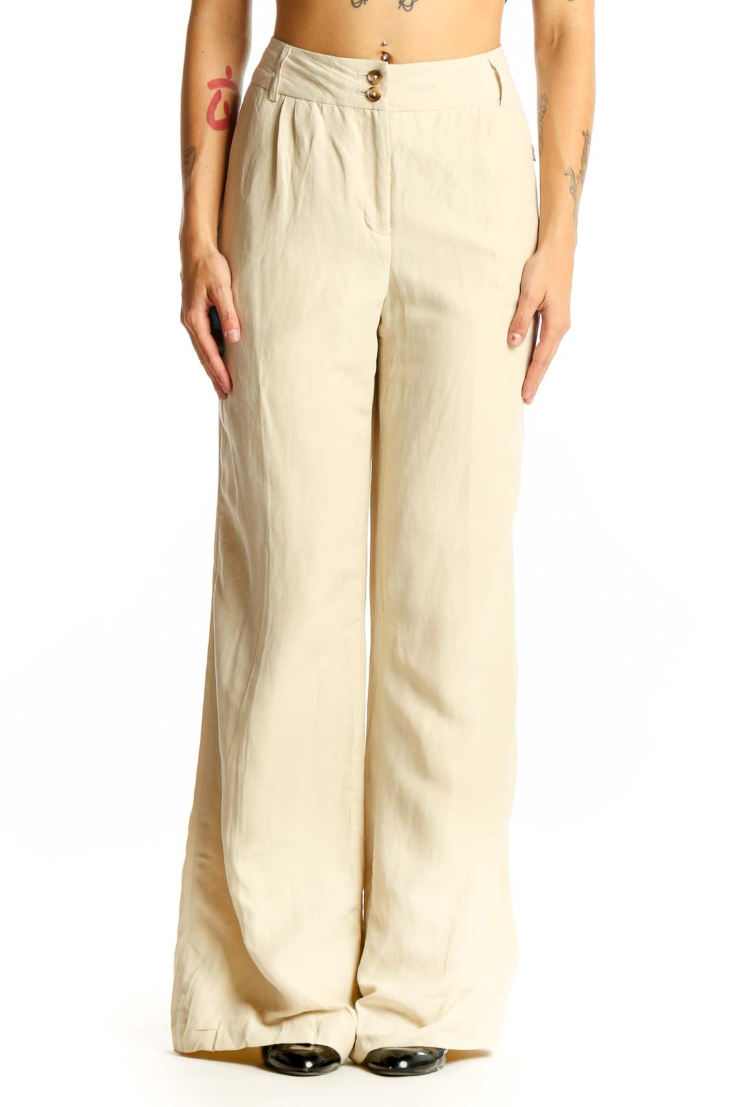 Front view of Isaac Mizrahi beige wide-leg linen-silk blend pants
