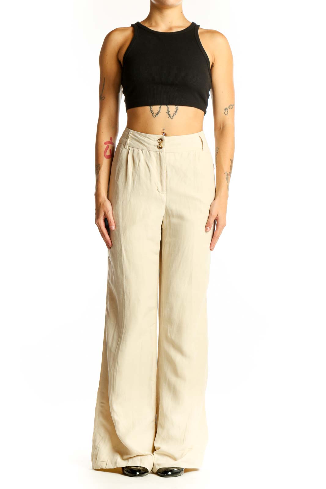 Front view of Isaac Mizrahi beige wide-leg linen-silk blend pants