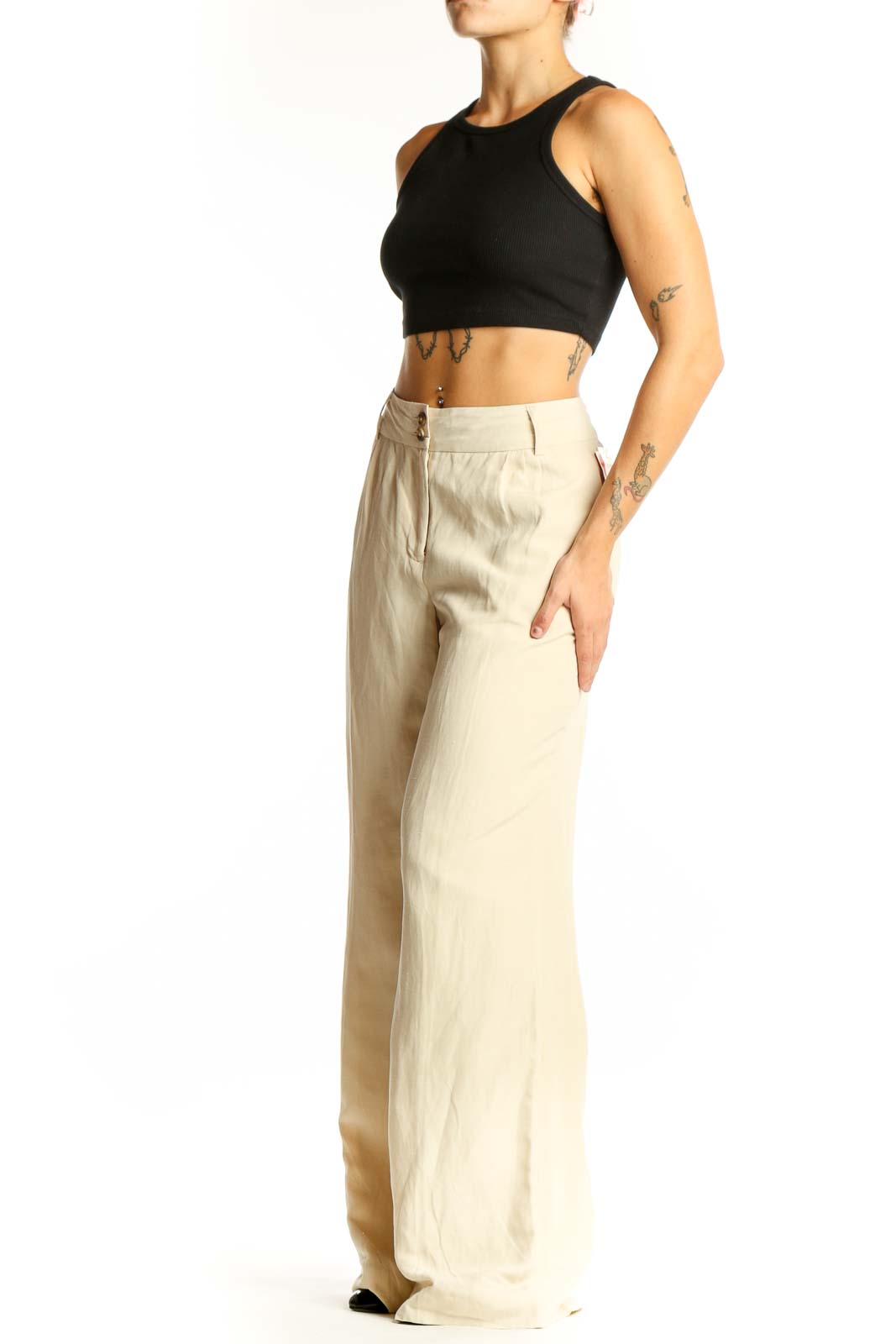 Front view of Isaac Mizrahi beige wide-leg linen-silk blend pants