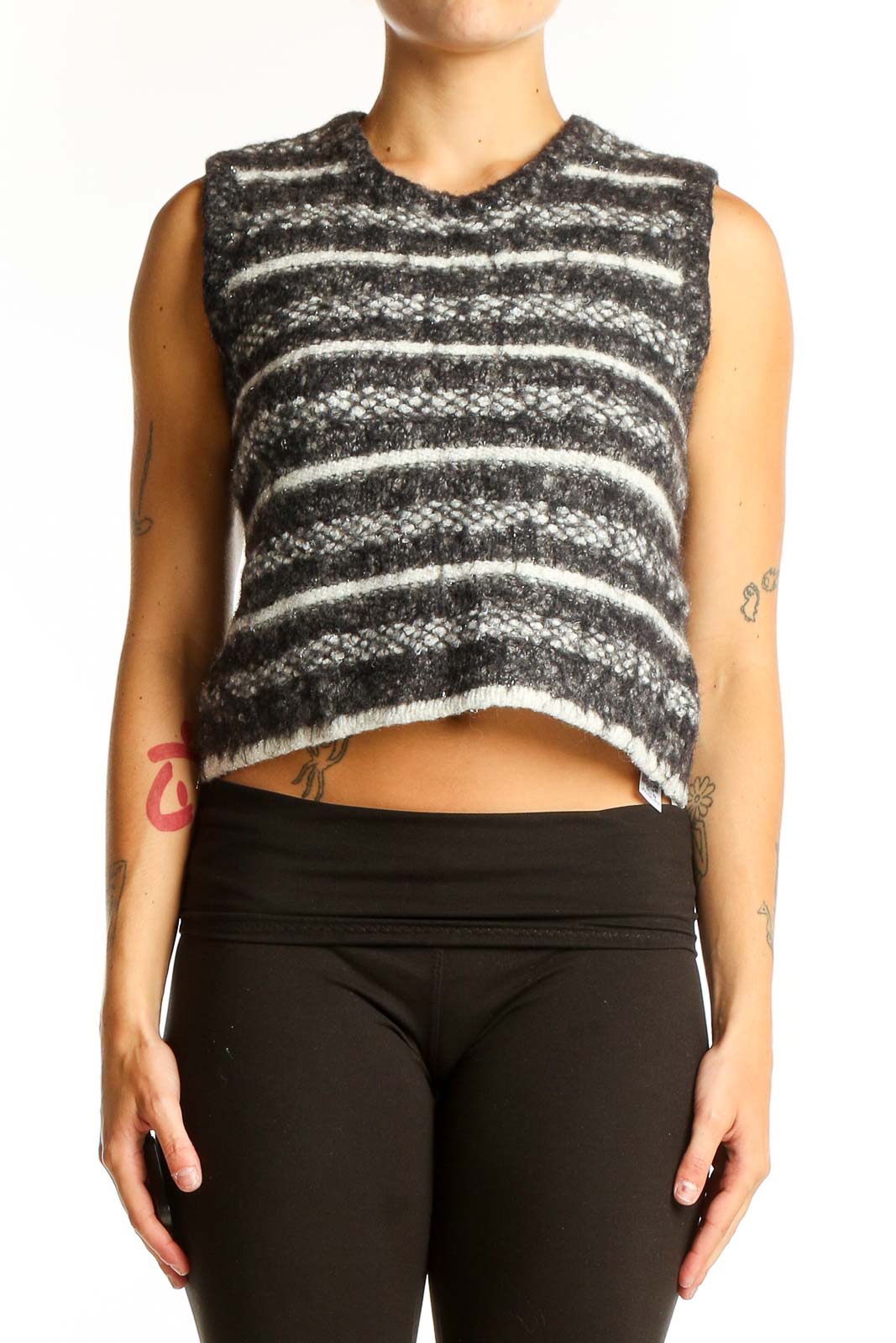 Front view of gray striped cropped knit vest from Zara
