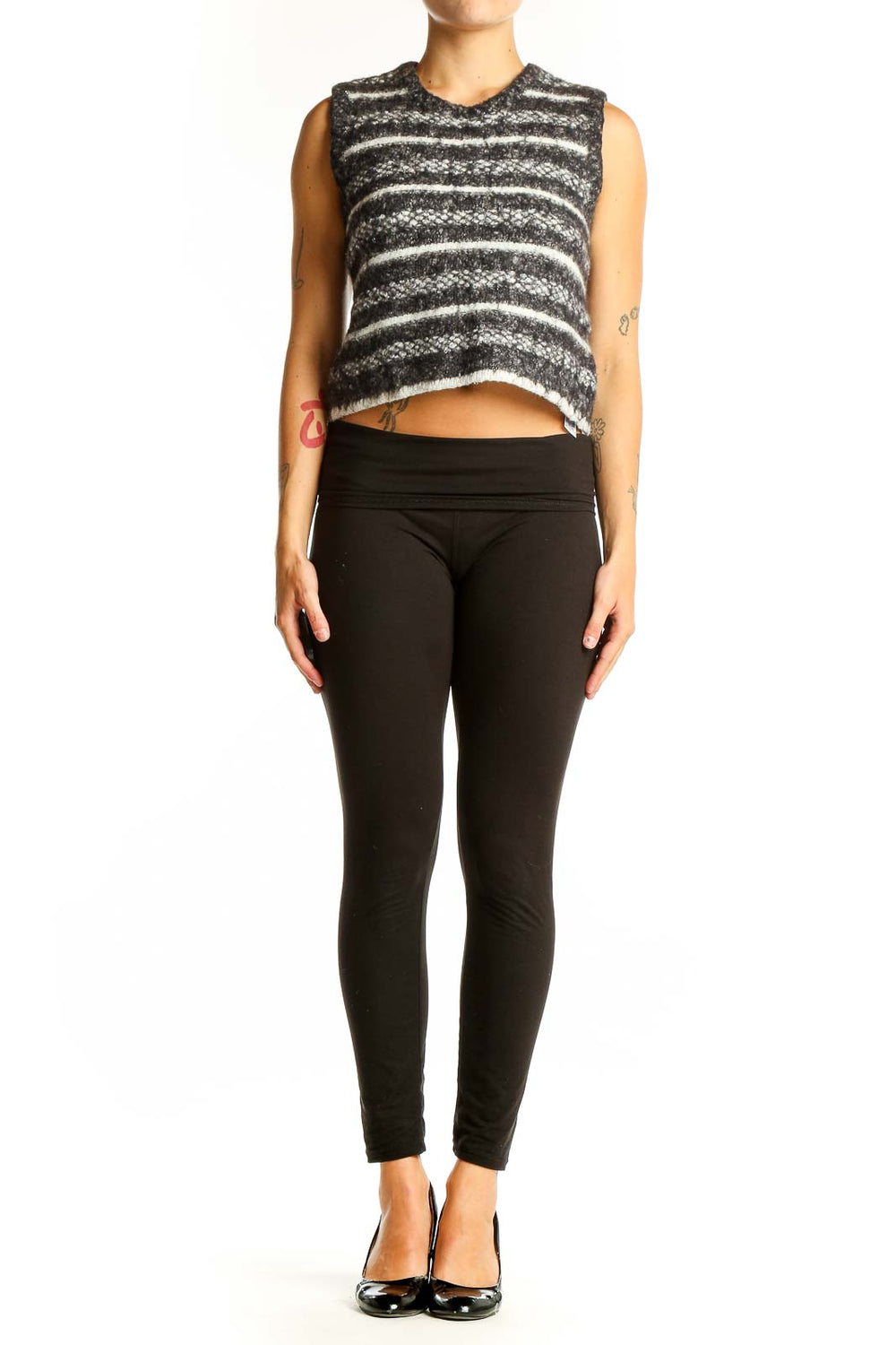 Front view of gray striped cropped knit vest from Zara