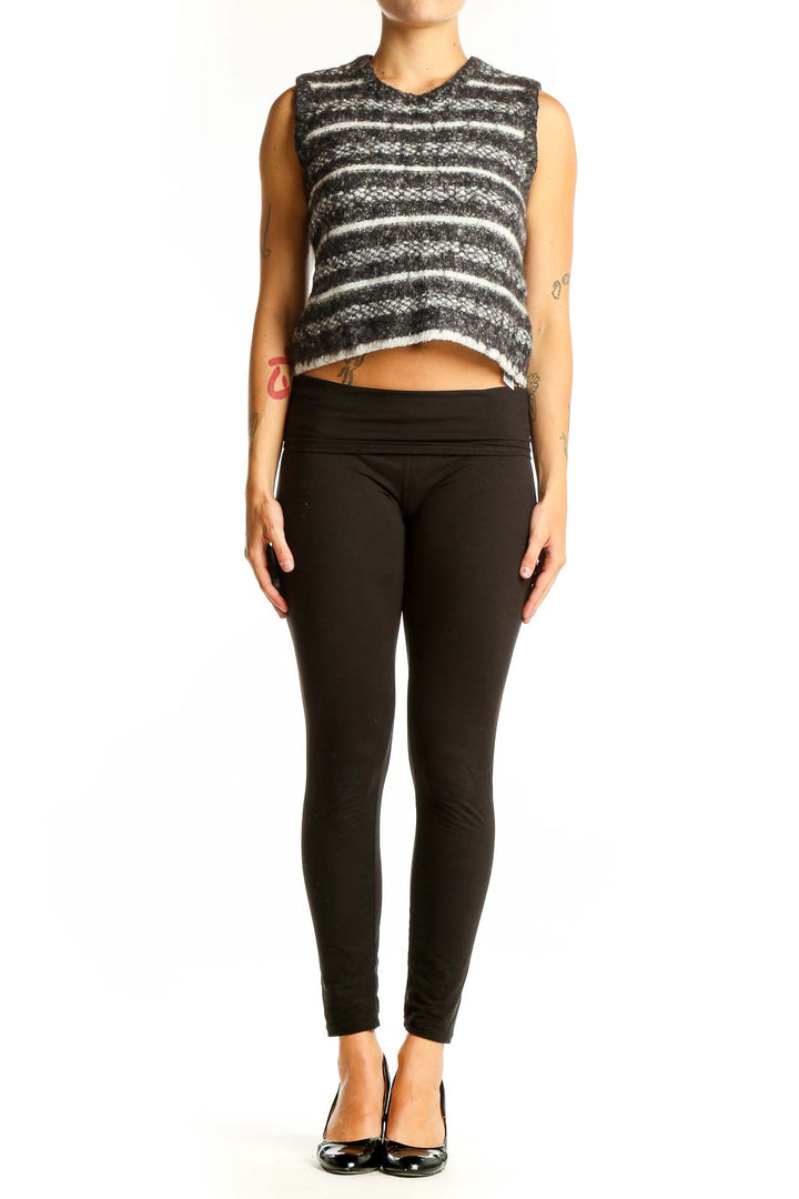 Front view of gray striped cropped knit vest from Zara
