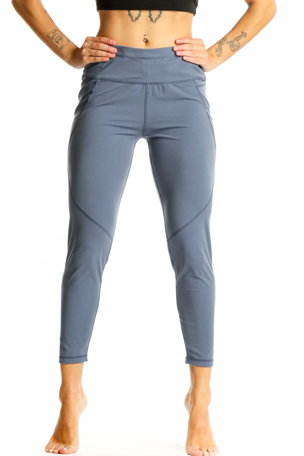 Front view of Sweaty Betty blue high-waisted performance leggings