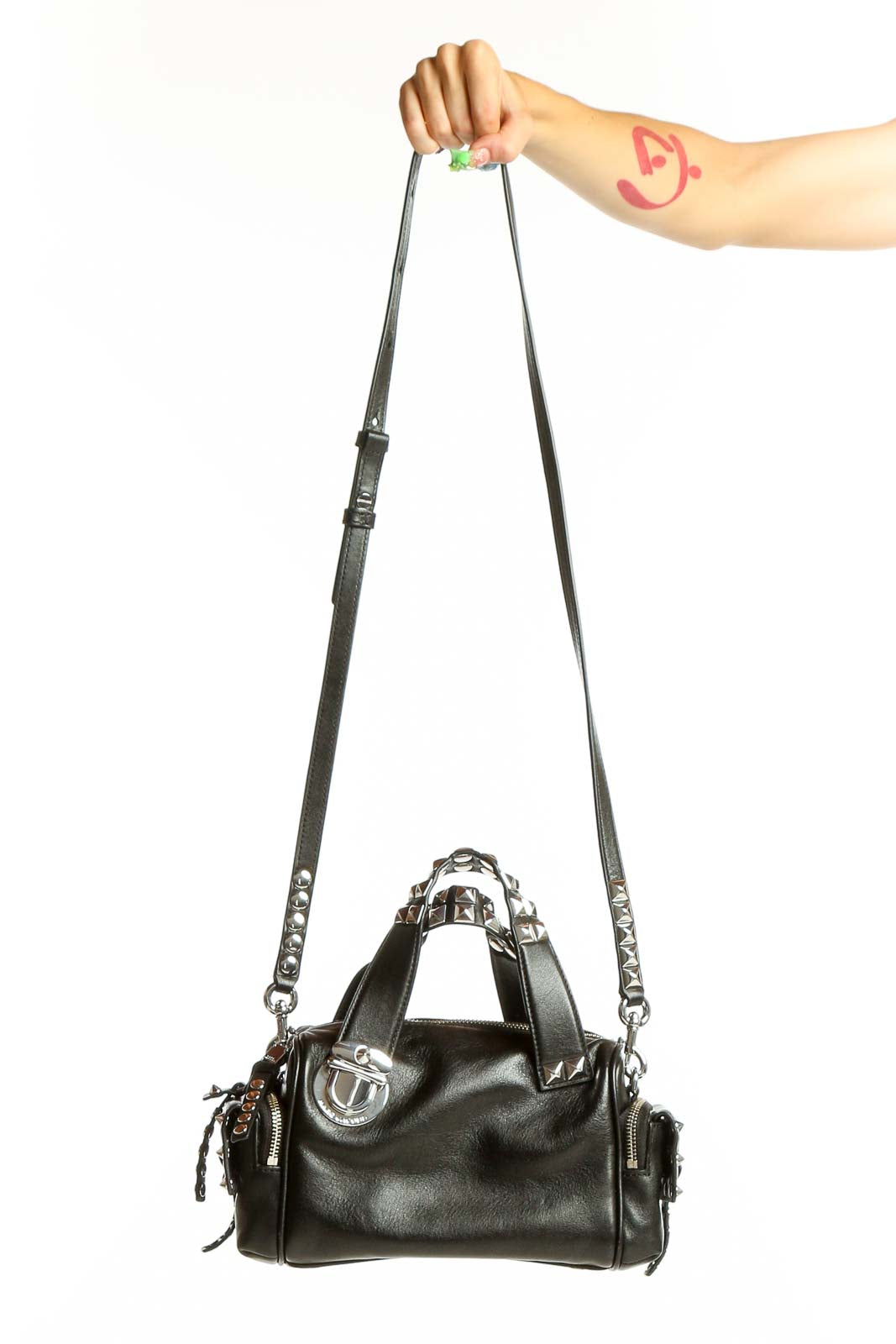 Front view of black MARC JACOBS studded shoulder bag with chain strap
