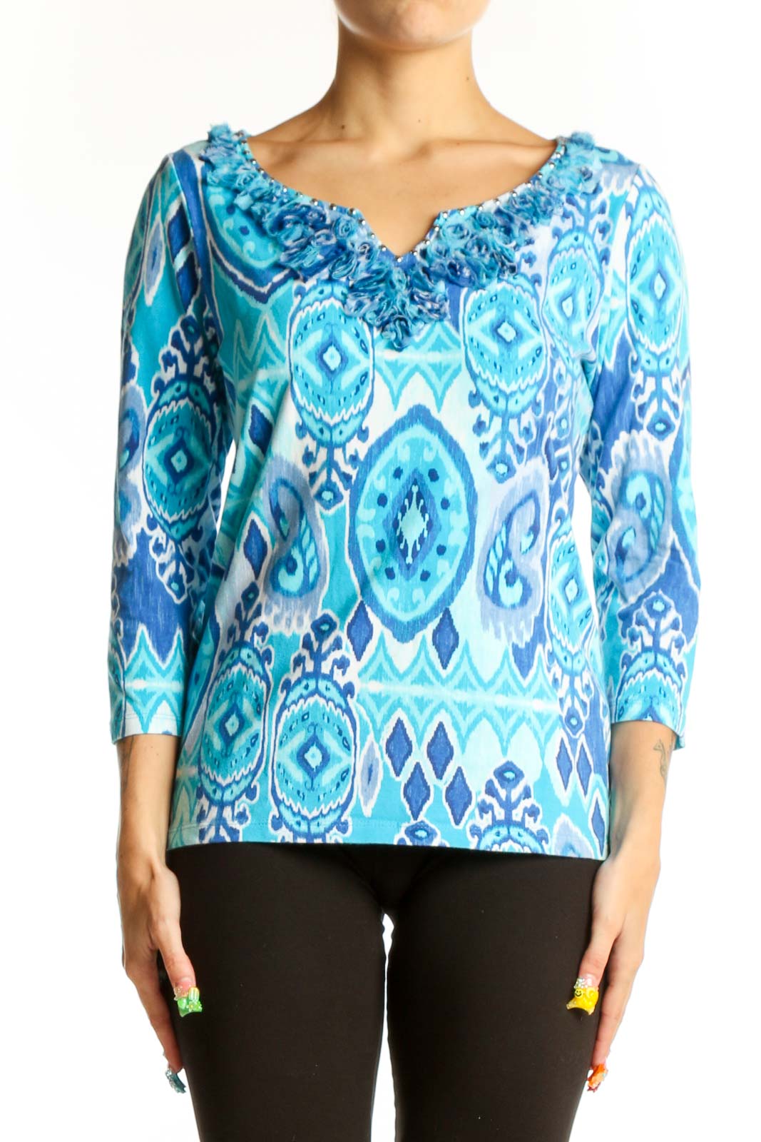 Front view of Ruby Rd. blue geometric print cotton top with ruffled neckline