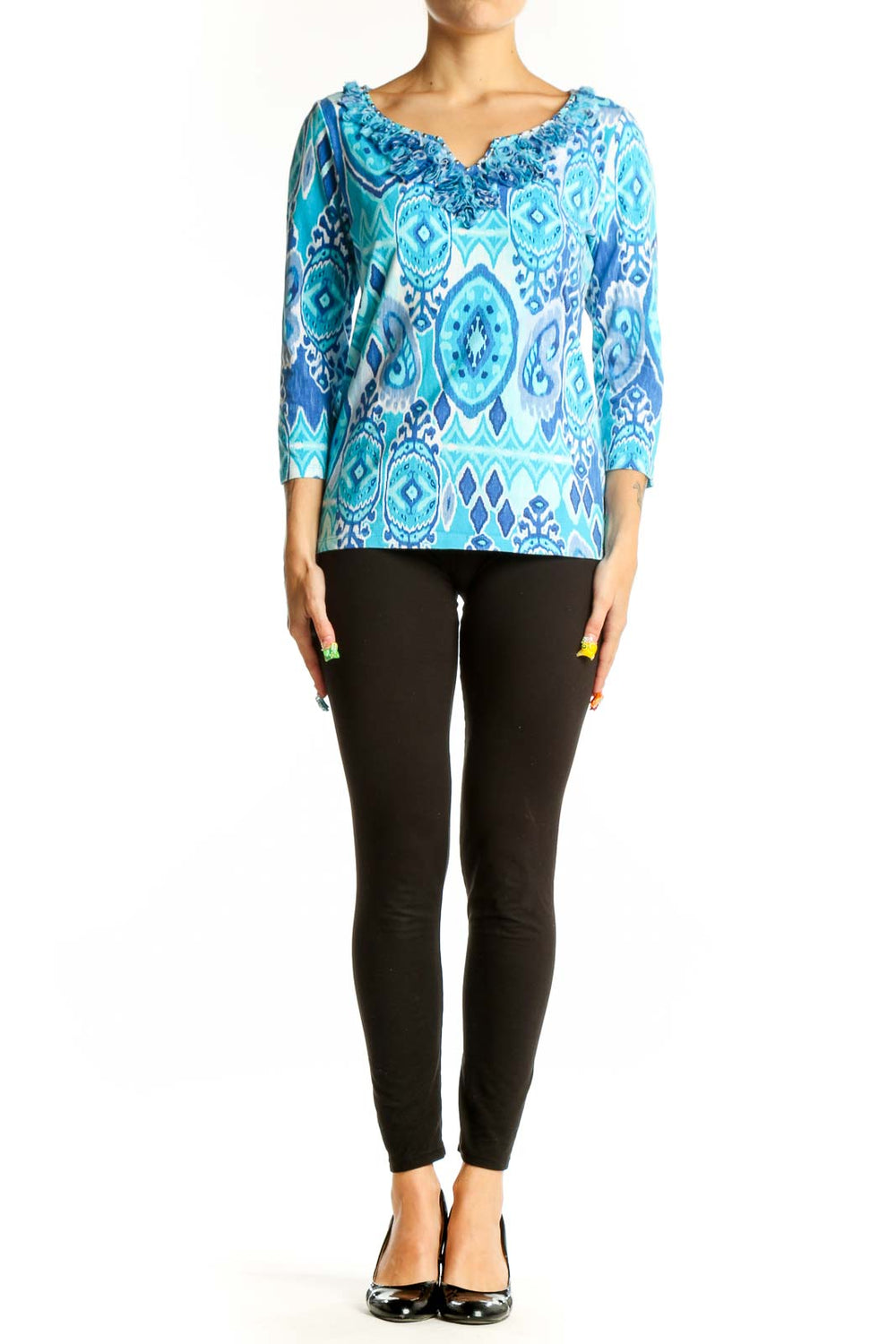 Front view of Ruby Rd. blue geometric print cotton top with ruffled neckline