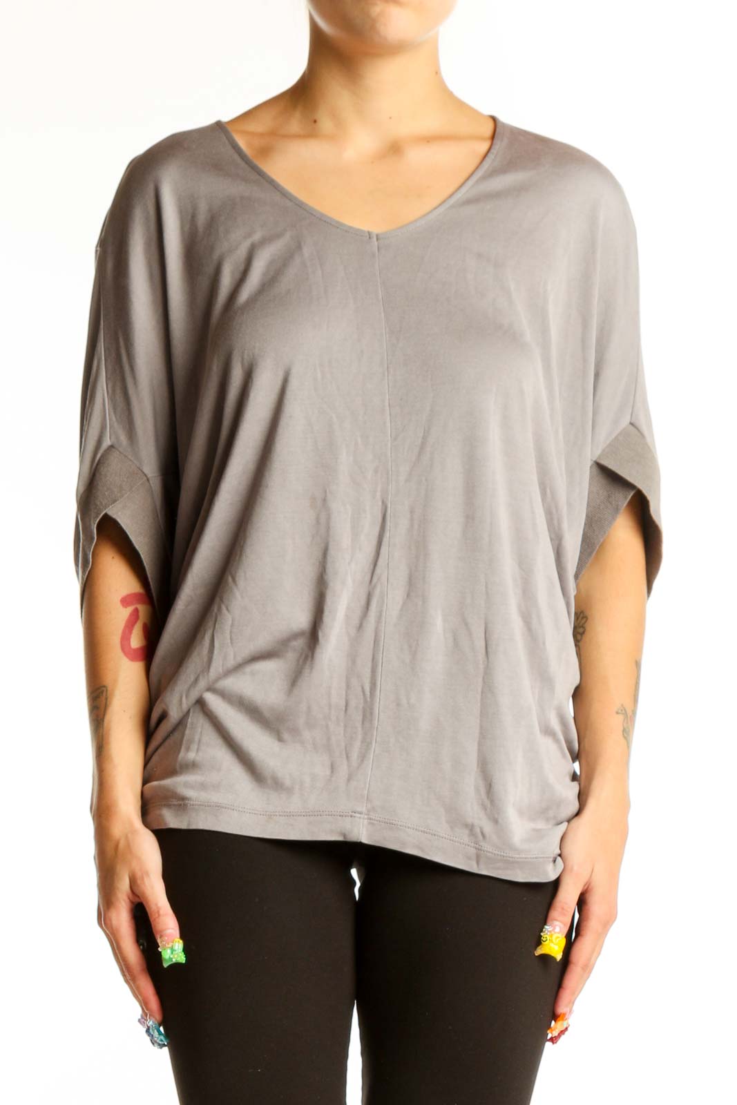 Front view of gray Halston Heritage oversized V-neck knit top