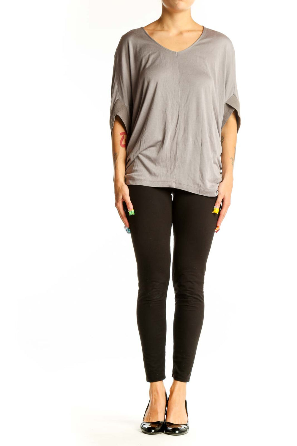 Front view of gray Halston Heritage oversized V-neck knit top