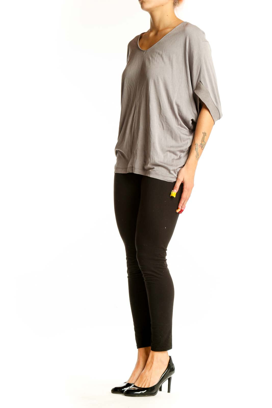 Front view of gray Halston Heritage oversized V-neck knit top