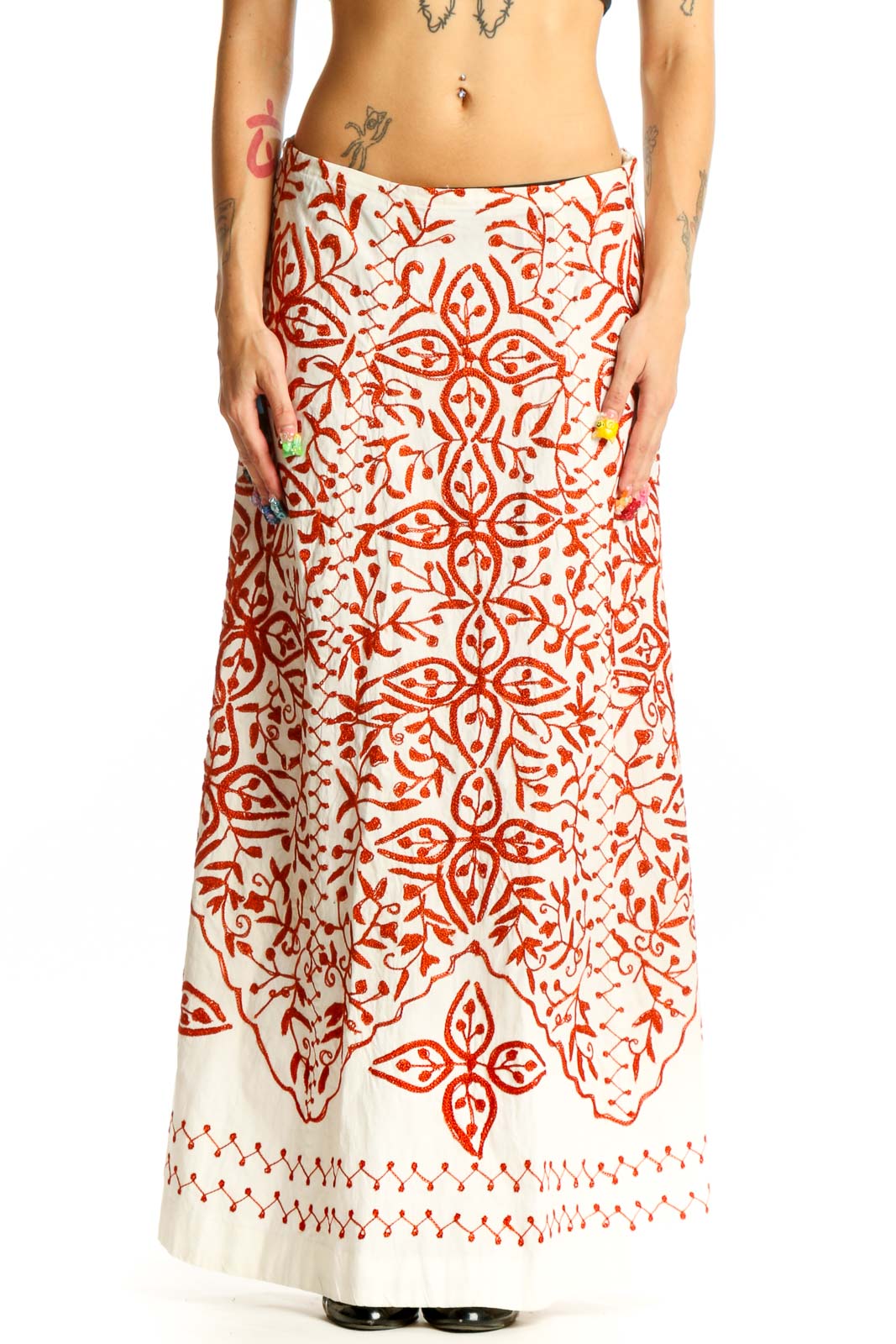 Front view of Soft Surroundings white maxi skirt with red floral print