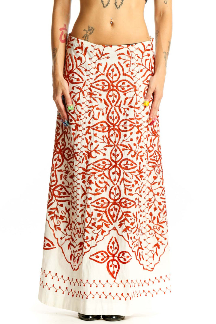 Front view of Soft Surroundings white maxi skirt with red floral print