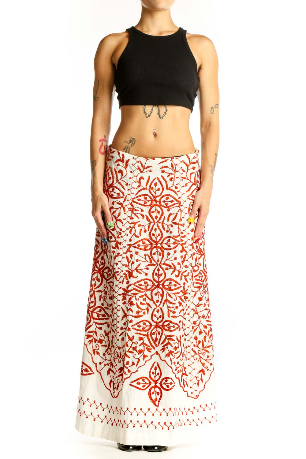 Front view of Soft Surroundings white maxi skirt with red floral print