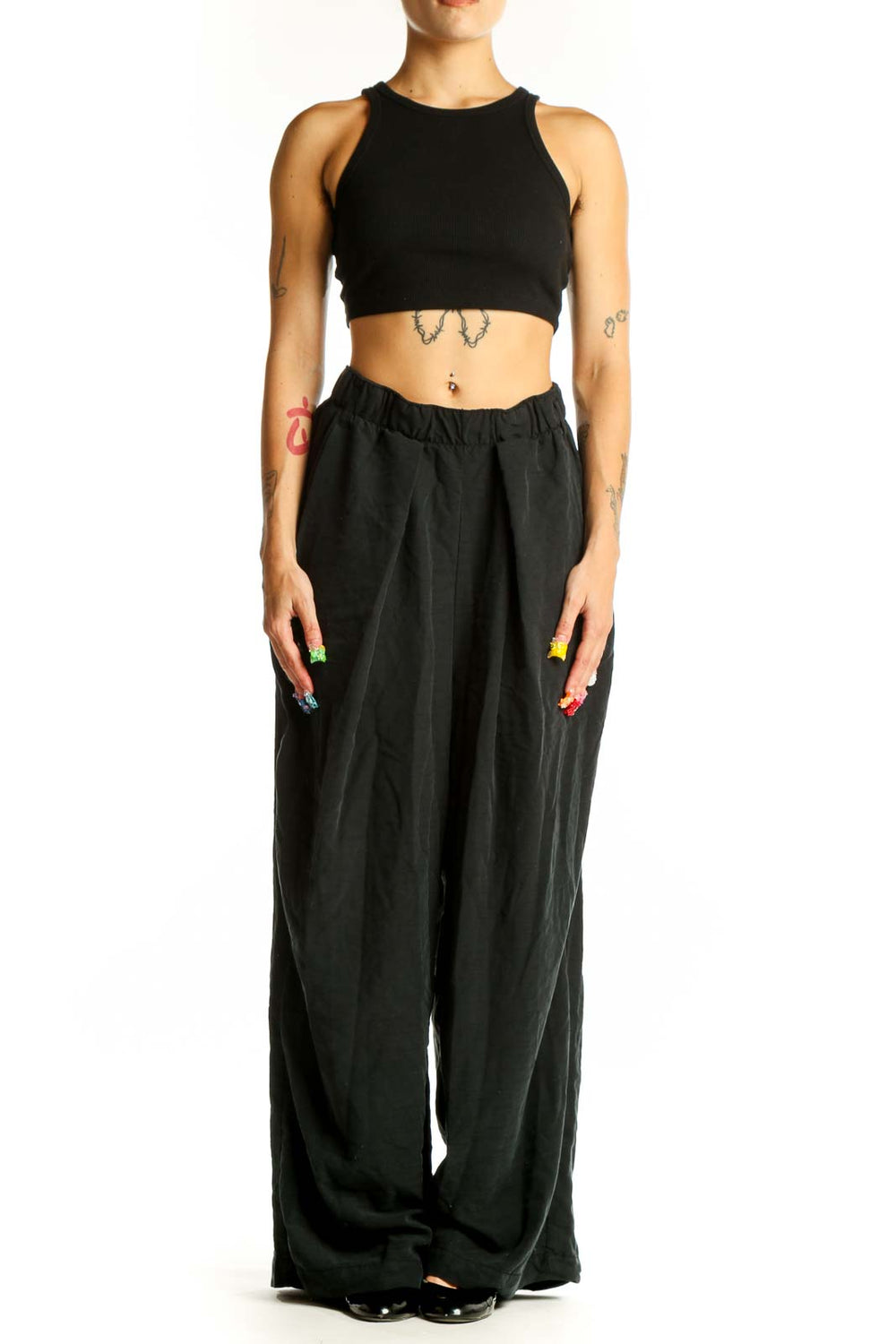 Front view of Free People black wide-leg polyester pants