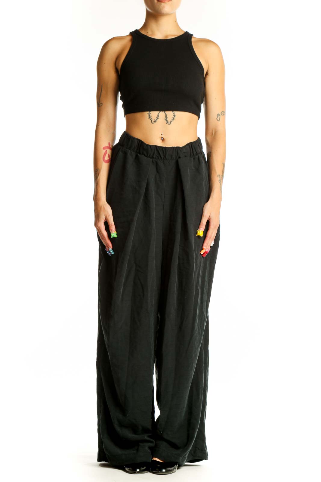 Front view of Free People black wide-leg polyester pants