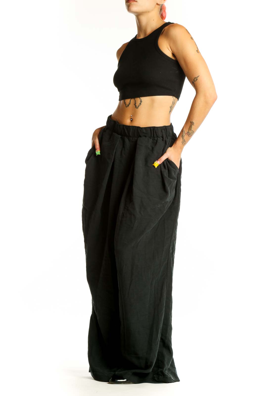 Front view of Free People black wide-leg polyester pants