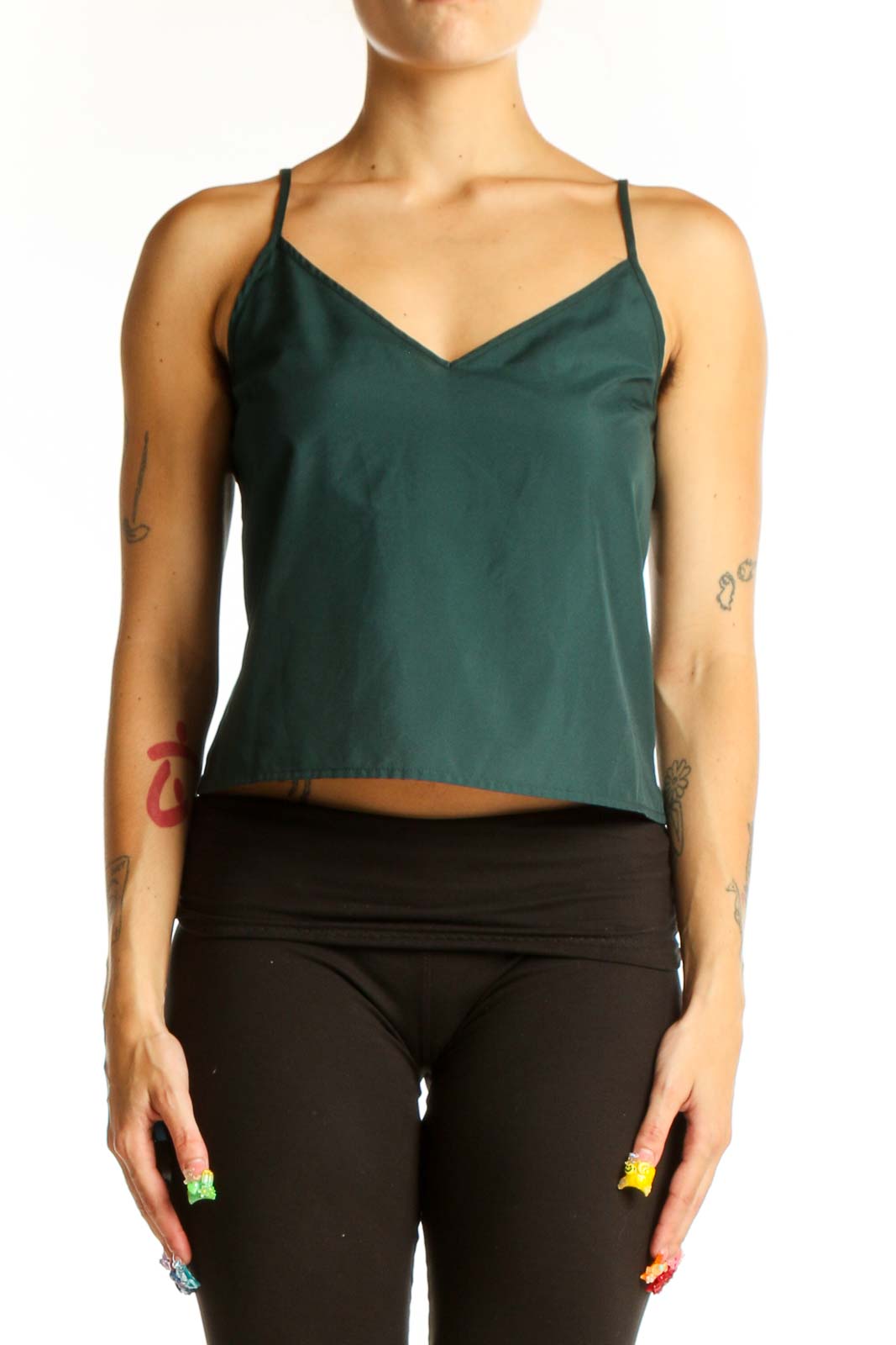 Front view of green polyester V-neck camisole top by Express