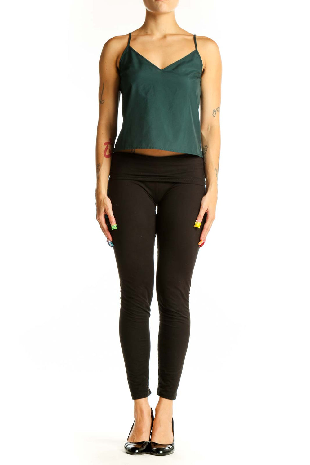 Front view of green polyester V-neck camisole top by Express