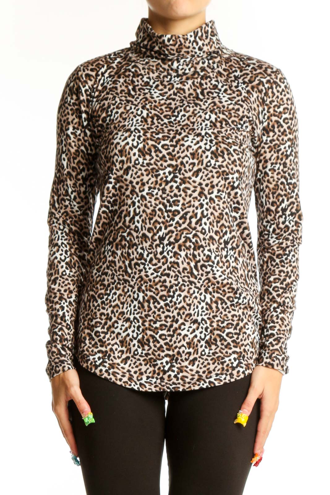 Front view of Bobeau brown leopard print turtleneck top