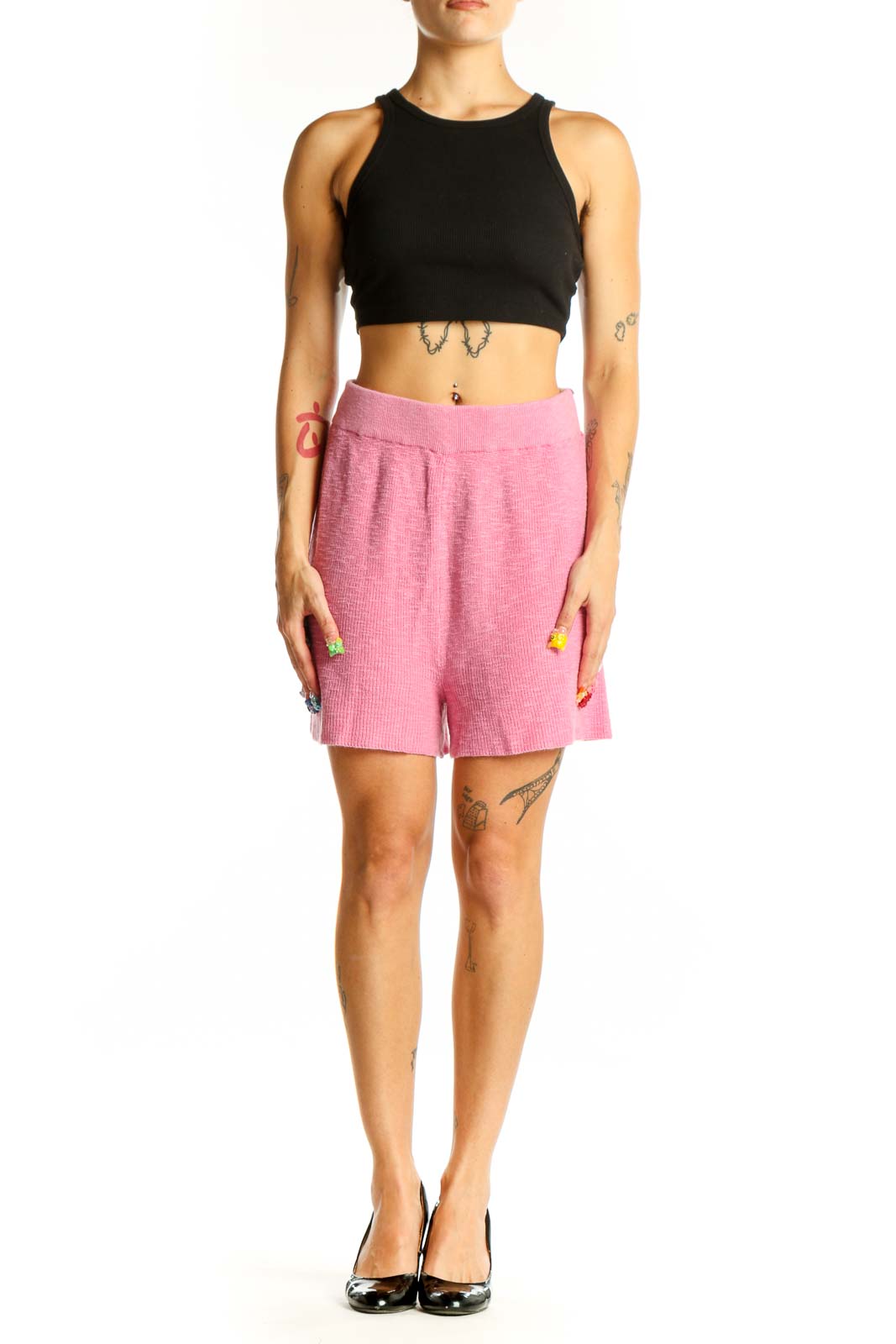 Front view of pink high-waisted ribbed cotton shorts from FP Beach