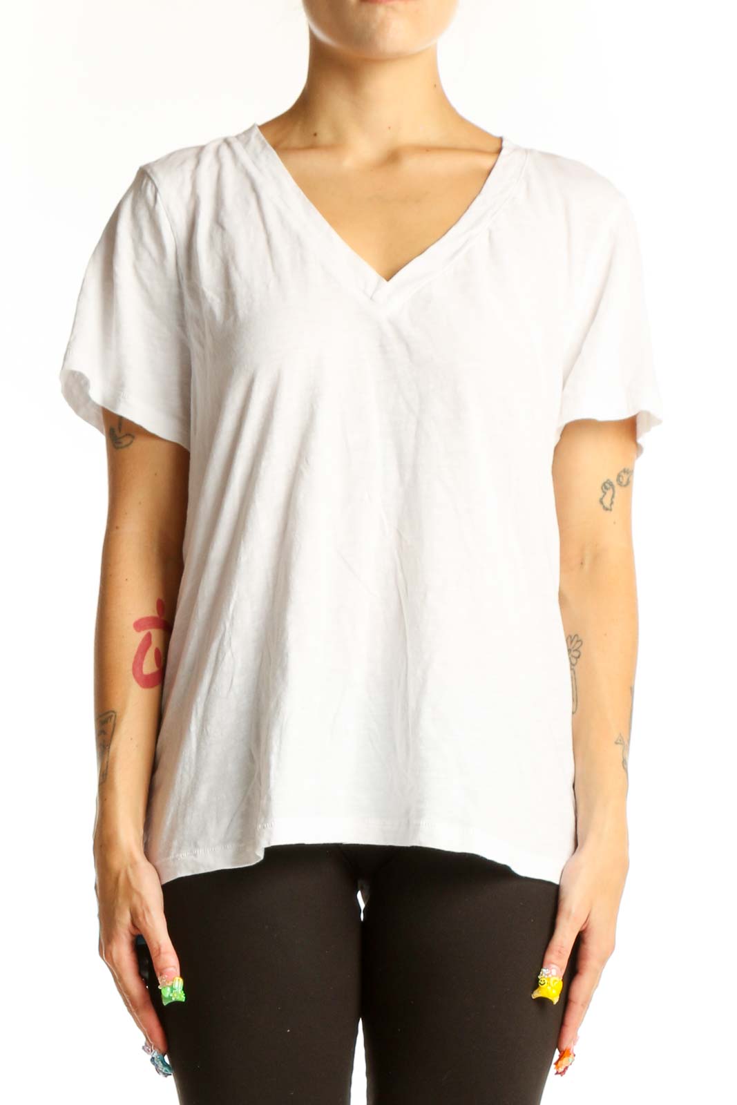 Front view of white Madewell V-neck short sleeve cotton top