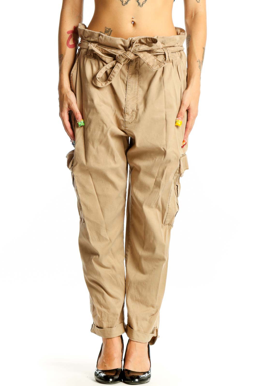 Front view of khaki cotton cargo pants with tie waist from White House Black Market