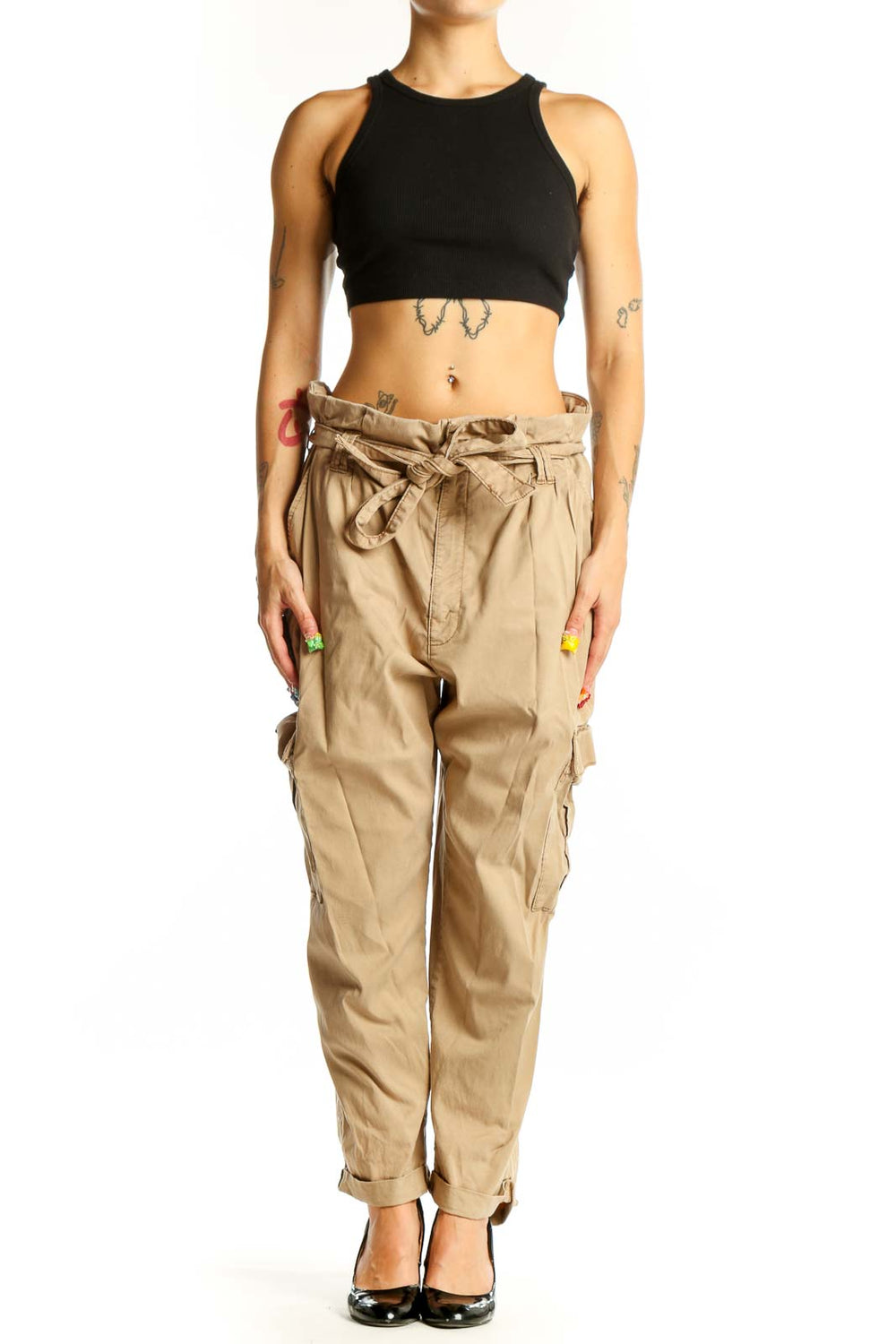 Front view of khaki cotton cargo pants with tie waist from White House Black Market