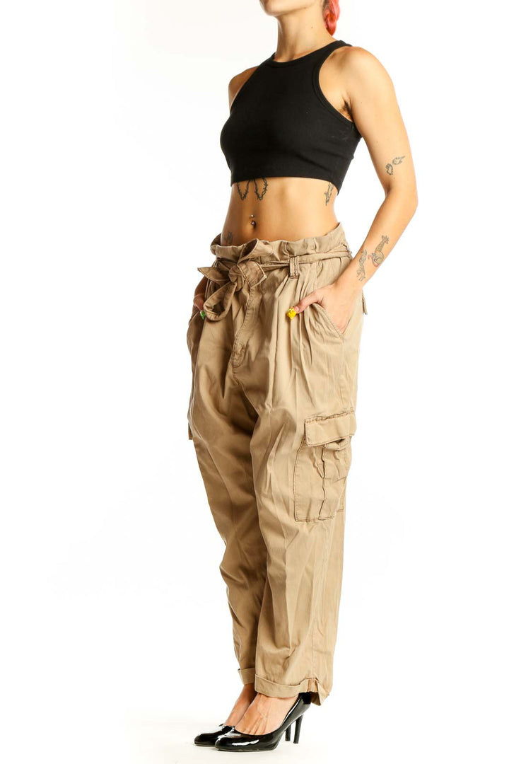 Front view of khaki cotton cargo pants with tie waist from White House Black Market