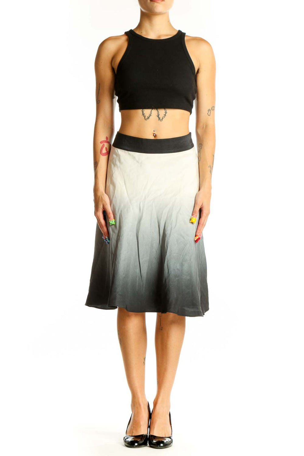 Front view of The Limited ombre gray A-line midi skirt with gradient effect