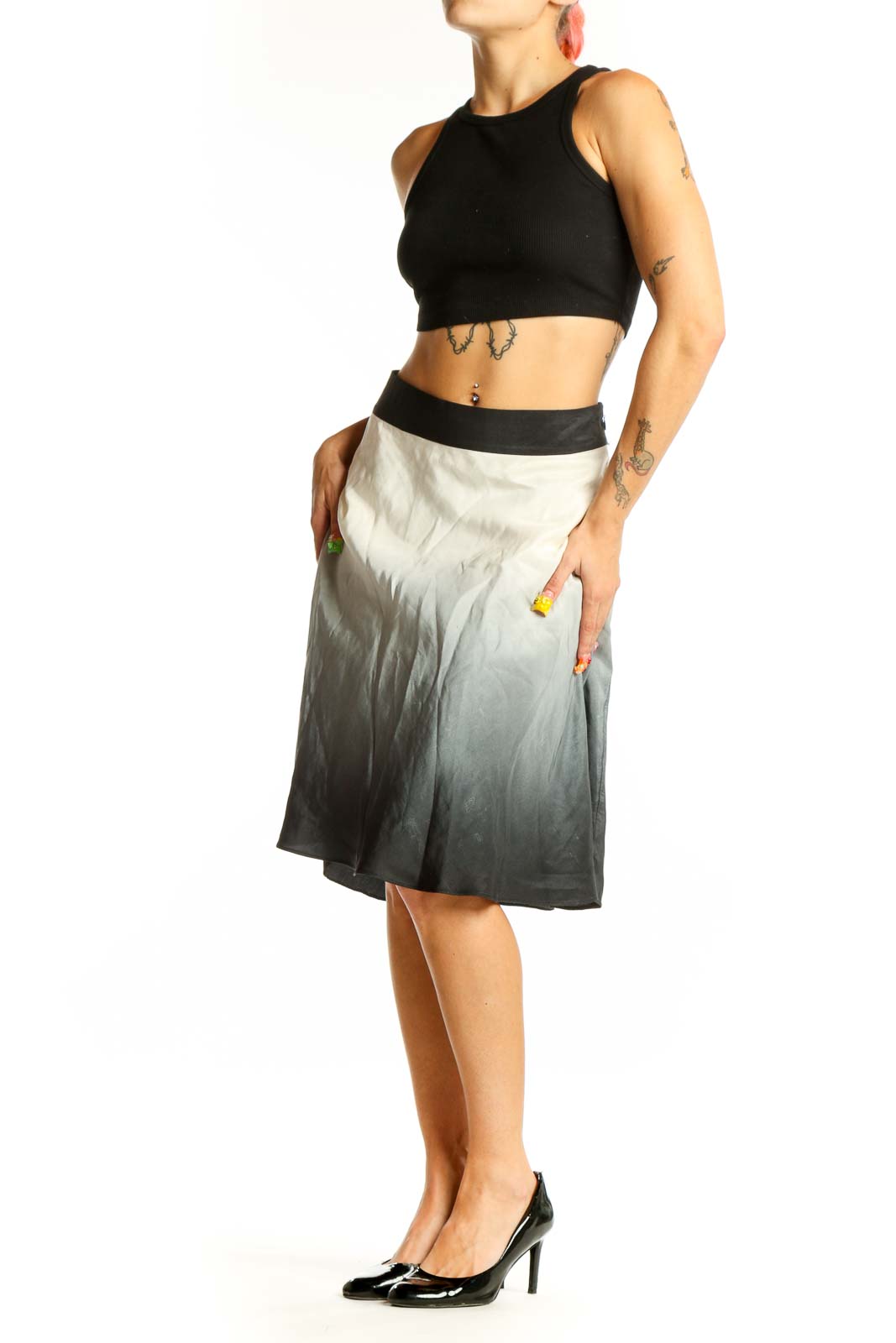 Front view of The Limited ombre gray A-line midi skirt with gradient effect