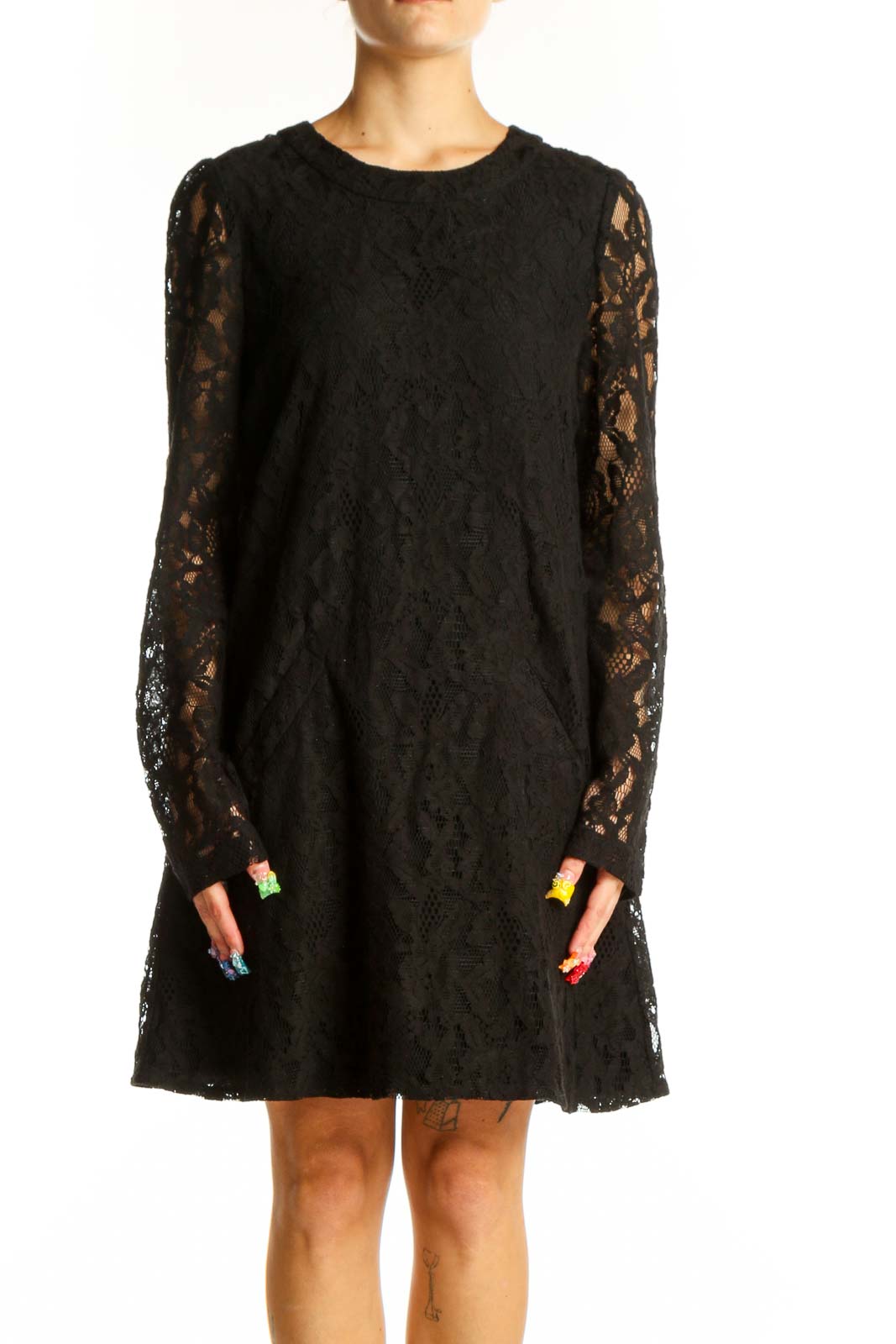 Front view of Michael Stars black lace long sleeve mini dress
