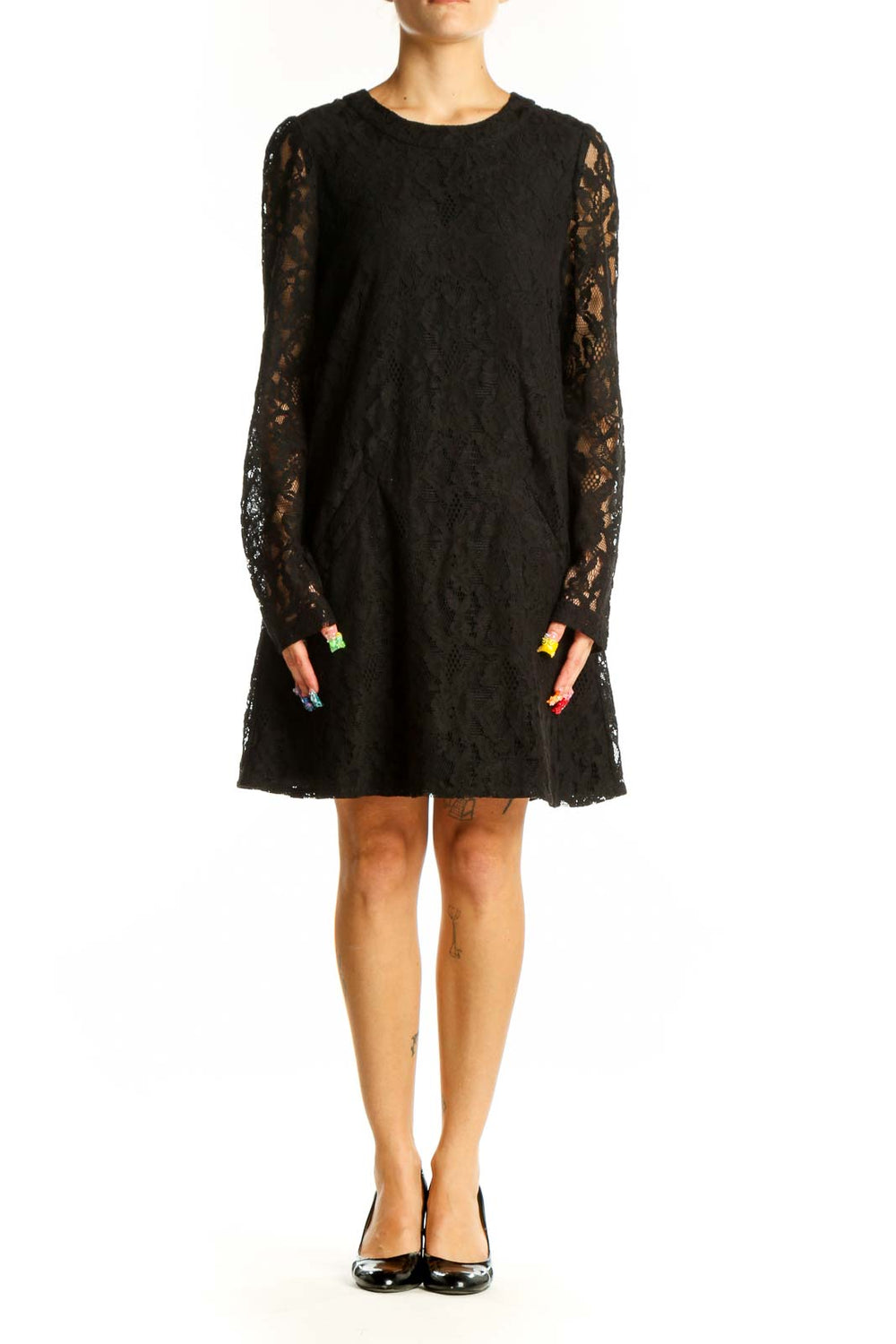 Front view of Michael Stars black lace long sleeve mini dress