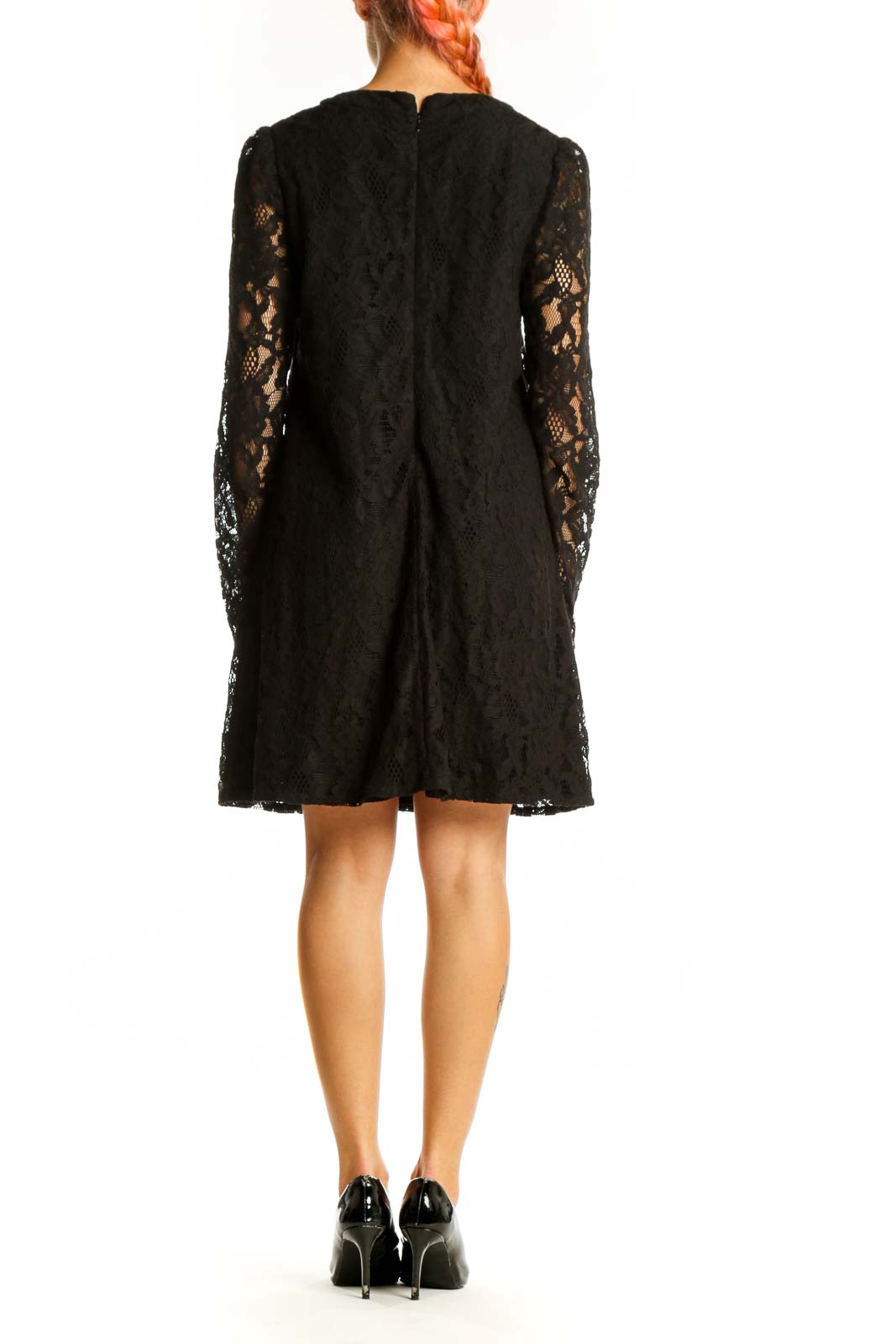 Side view of Michael Stars black lace long sleeve mini dress