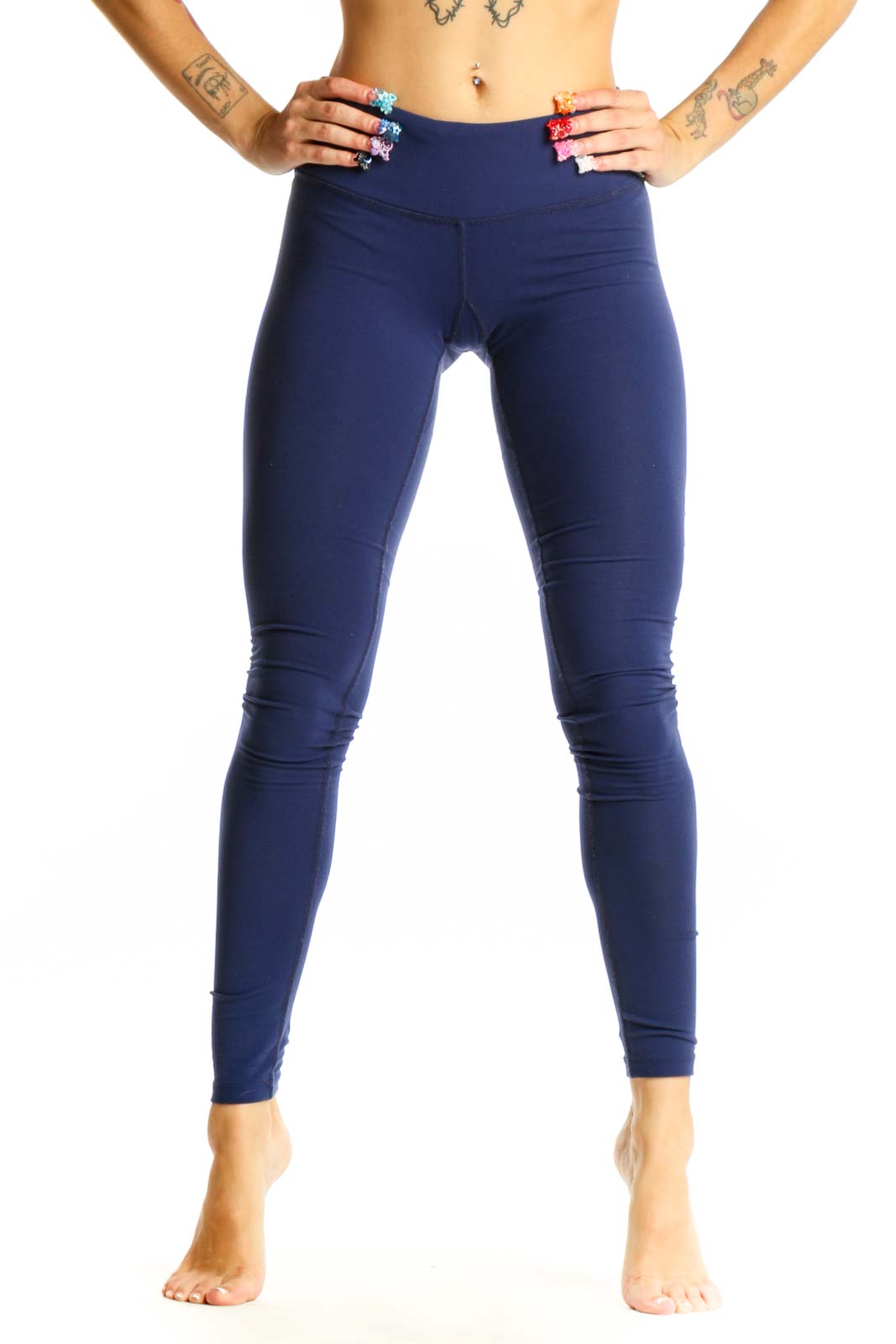 Front view of navy high-waisted leggings from Splits Fifty Nine