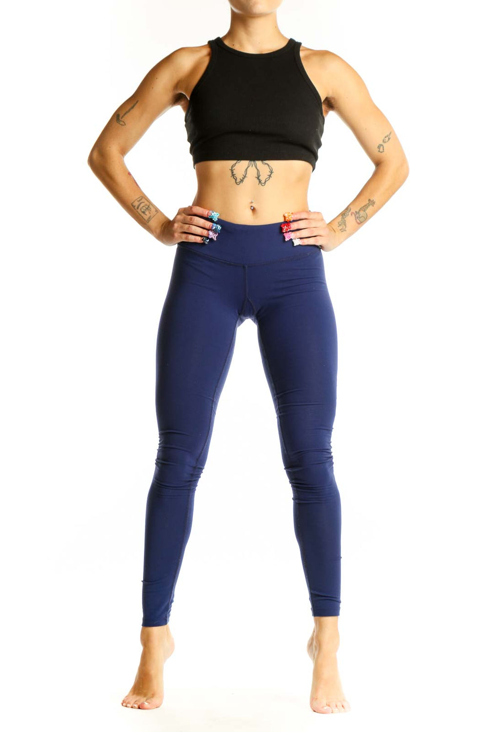 Front view of navy high-waisted leggings from Splits Fifty Nine