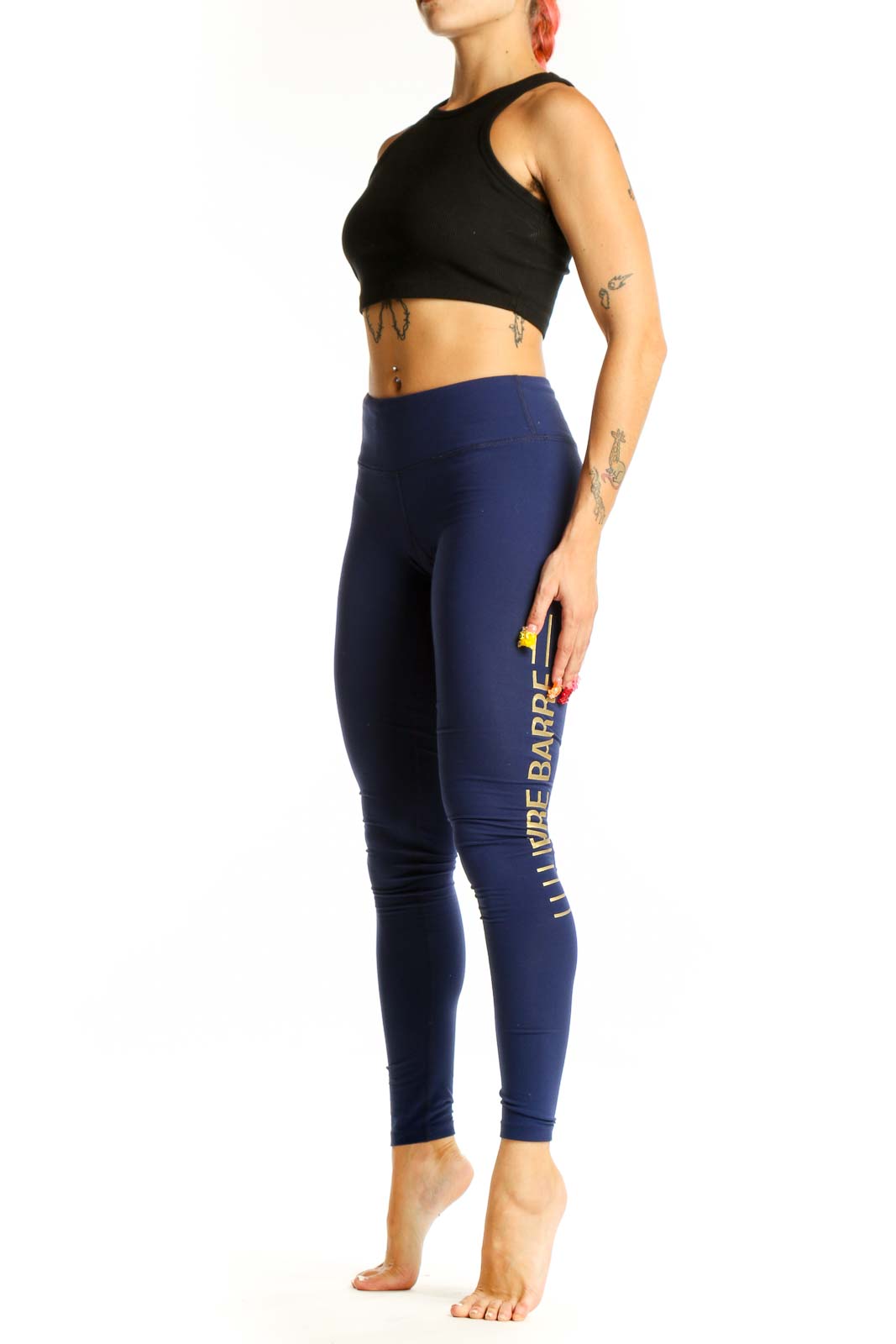 Front view of navy high-waisted leggings from Splits Fifty Nine