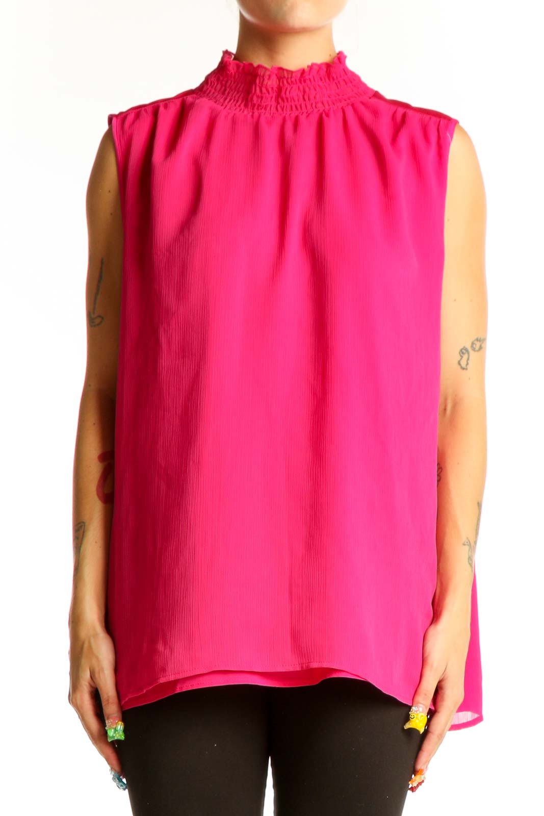 Front view of hot pink DKNY sleeveless mock neck blouse