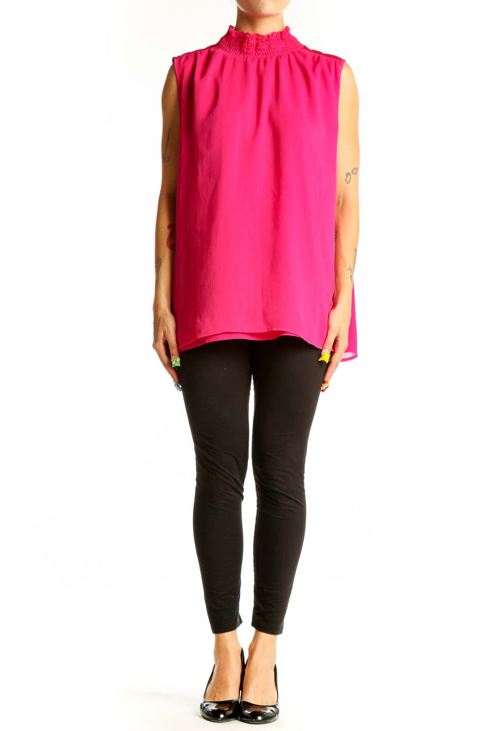 Front view of hot pink DKNY sleeveless mock neck blouse