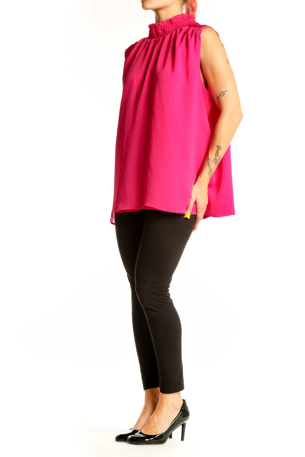 Front view of hot pink DKNY sleeveless mock neck blouse