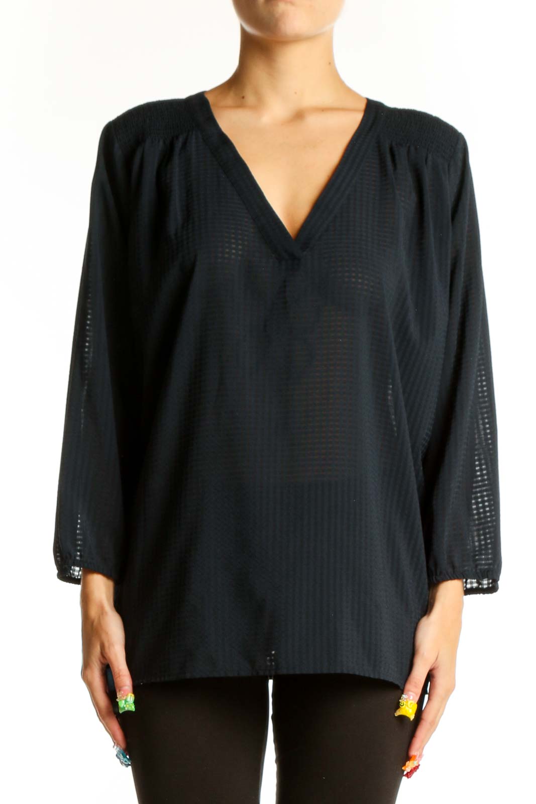 Front view of Ann Taylor black sheer V-neck blouse with long sleeves