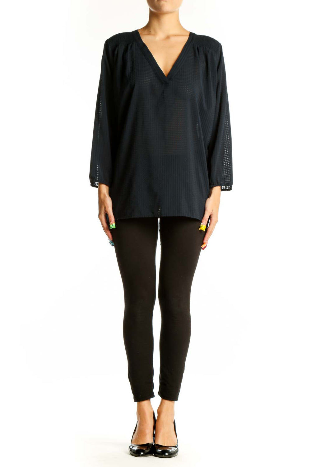 Front view of Ann Taylor black sheer V-neck blouse with long sleeves