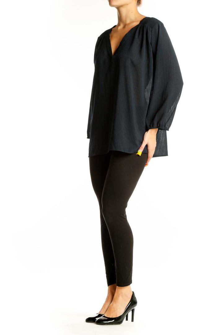 Front view of Ann Taylor black sheer V-neck blouse with long sleeves