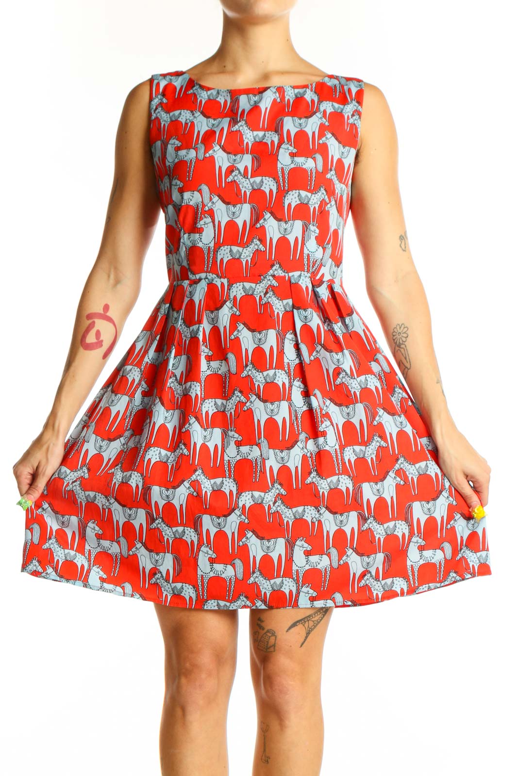 Front view of Red and Blue Horse Print Sleeveless Dress by Pink Owl