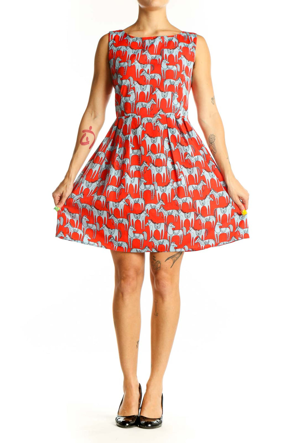 Front view of Red and Blue Horse Print Sleeveless Dress by Pink Owl