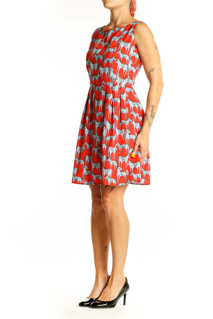 Front view of Red and Blue Horse Print Sleeveless Dress by Pink Owl