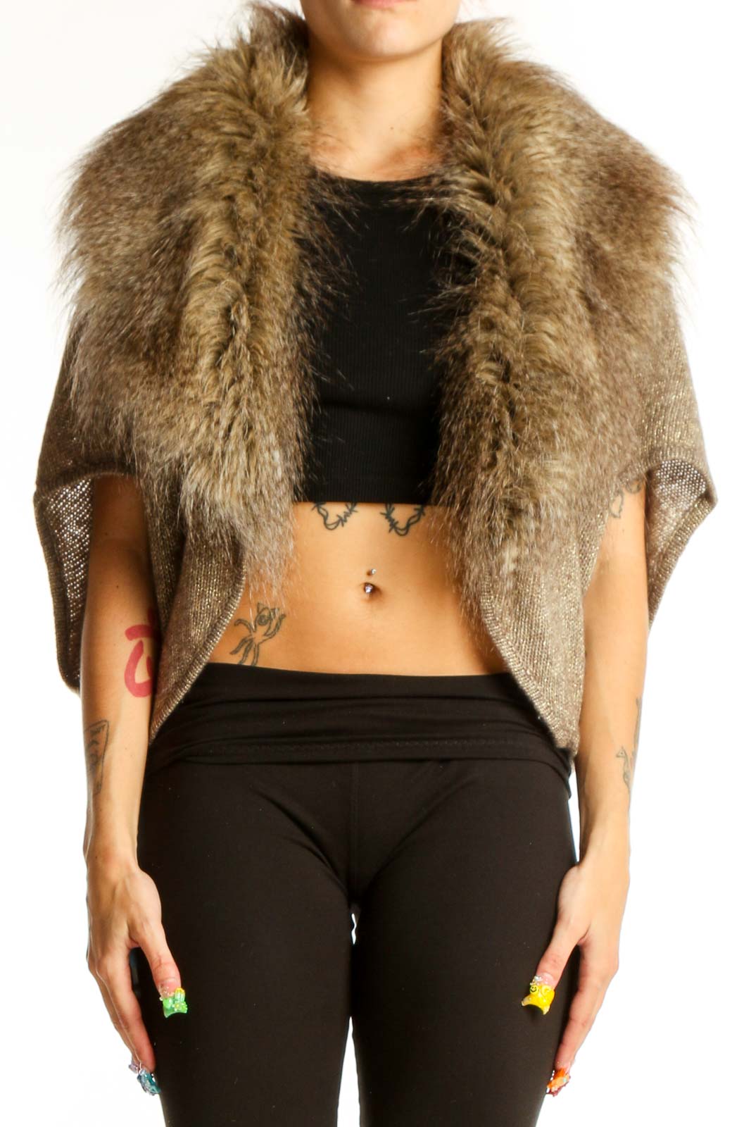 Front view of Cache brown faux fur collar cropped jacket