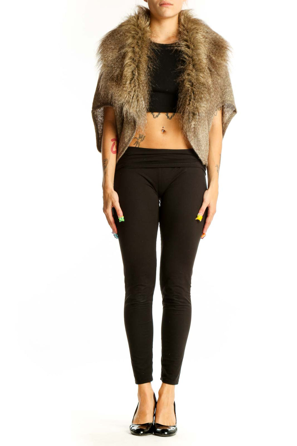 Front view of Cache brown faux fur collar cropped jacket